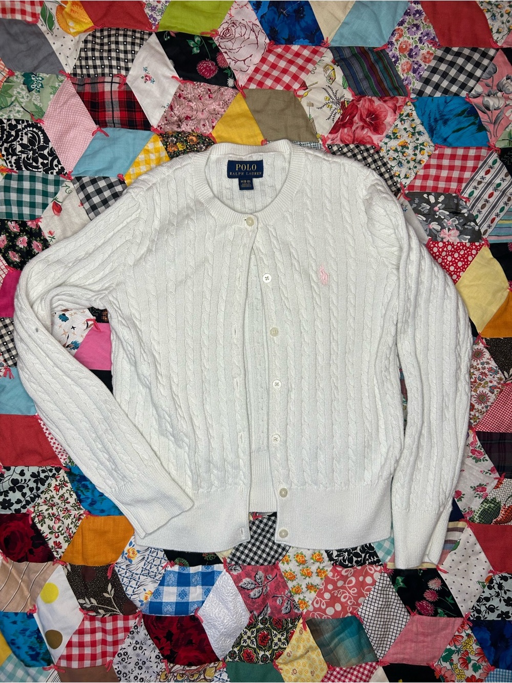 Polo by Ralph Lauren White Cable Knit Cardigan with Pink Pony